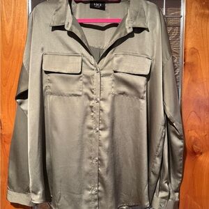 VICI Olive Green Satin Button-Down Shirt